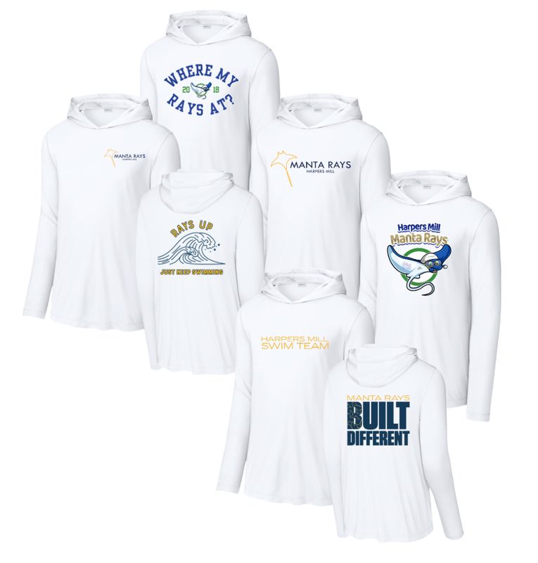 Harpers Mill Manta Rays Custom Team UV Pro Long Sleeve Hoodie Tee - White - 5 Design Options - With Optional Personalization - Adult Harpers Mill Manta Rays Custom Team UV Pro Long Sleeve Hoodie Tee - White - 5 Design Options - With Optional Personalization - Adult