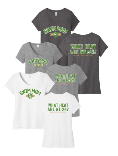 Gregorys Pond Ladies V-Neck Tee - Heathered Charcoal, Grey Frost or White - SWIM MOM - Adult