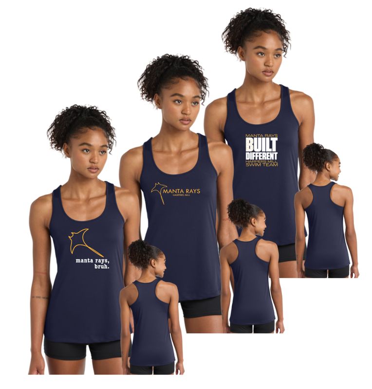 Harpers Mill Manta Rays Ladies Moisture Wicking Racerback Tank Top - Navy - 3 Design Options - Adult Sizes Harpers Mill Manta Rays Ladies Moisture Wicking Racerback Tank Top - Navy - 3 Design Options - Adult Sizes