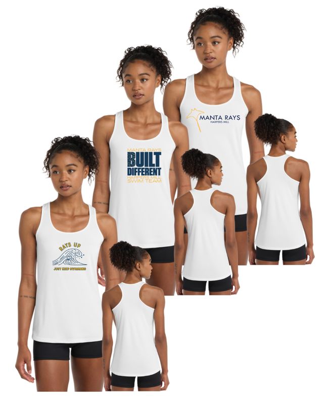 Harpers Mill Manta Rays Ladies Moisture Wicking Racerback Tank Top - White - 3 Design Options - Adult Sizes Harpers Mill Manta Rays Ladies Moisture Wicking Racerback Tank Top - White - 3 Design Options - Adult Sizes