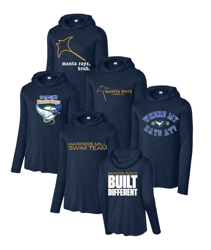 Harpers Mill Manta Rays Custom Team UV Pro Long Sleeve Hoodie Tee - Navy - 5 Design Options - With Optional Personalization - Adult Harpers Mill Manta Rays Custom Team UV Pro Long Sleeve Hoodie Tee - Navy - 5 Design Options - With Optional Personalization - Adult