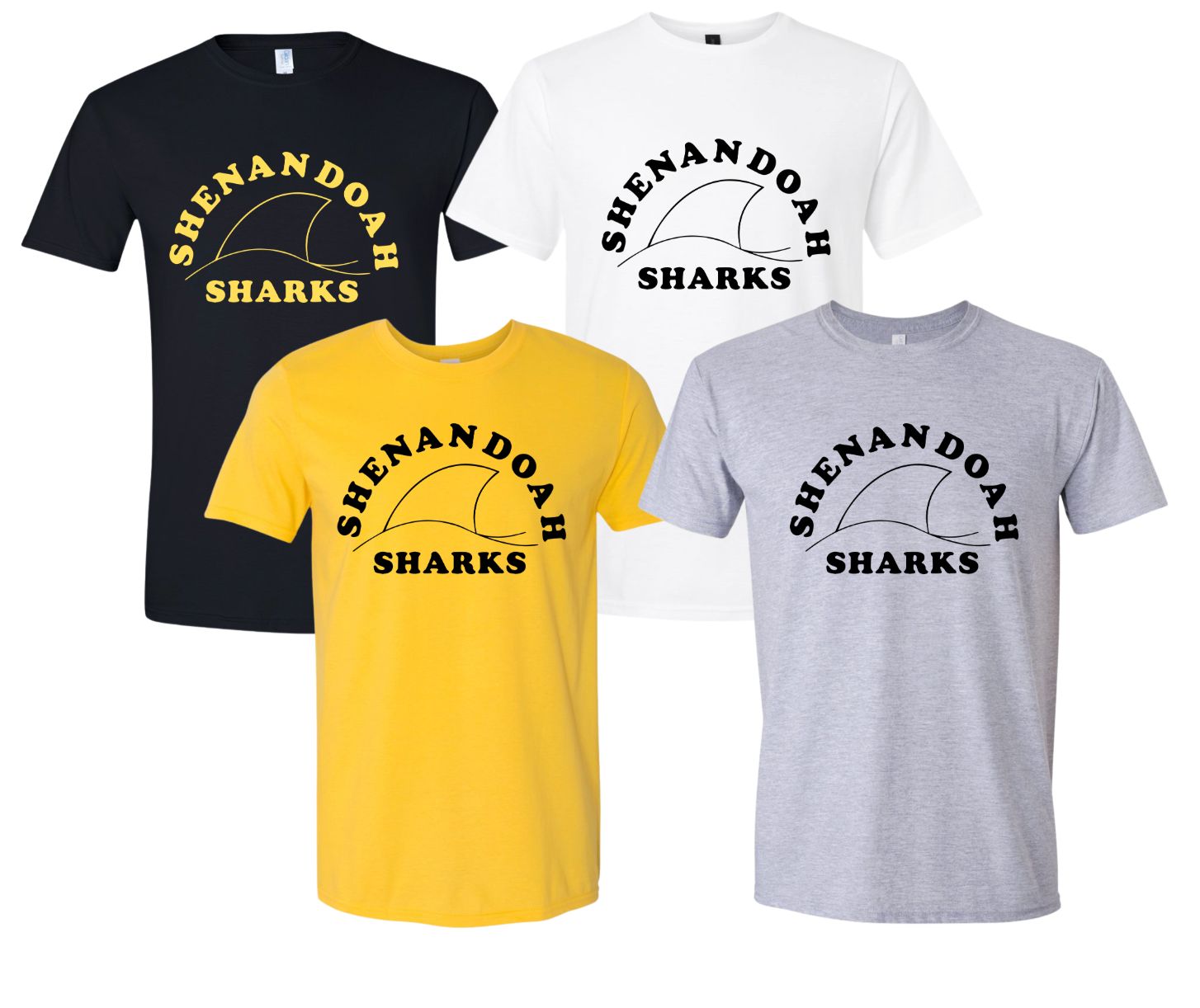 Shenandoah Sharks Team T-Shirt - Yellow, White, Black or Sport Grey - Youth & Adult Sizes - TEAM LOGO