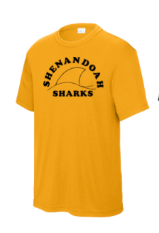 Shenandoah Sharks Team Moisture Wick Tee - Gold or Black  - YOUTH - TEAM Logo