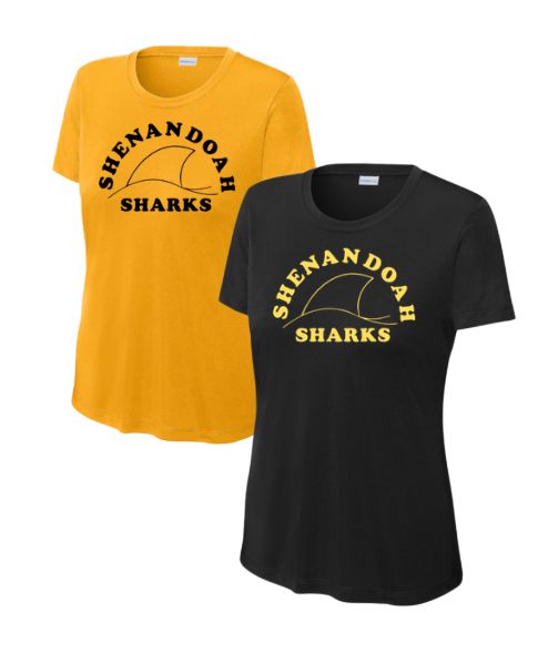 Shenandoah Sharks Ladies Moisture Wick Tee - Gold or Black - Adult - TEAM Logo