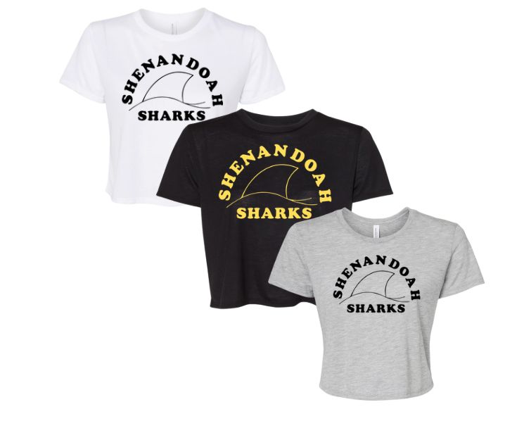 Shenandoah Sharks Ladies Flowy Crop Tee - White, Black or Athletic Heather - TEAM Logo