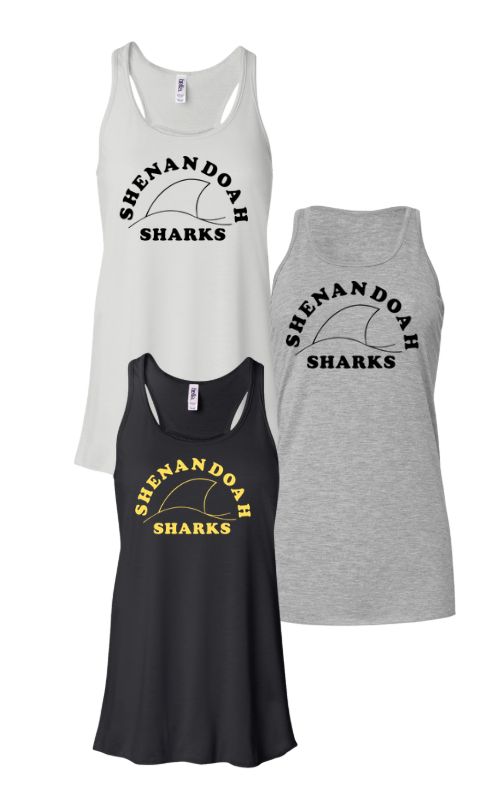 Shenandoah Sharks Ladies Flowy Racerback Tank - White, Black or Athletic Heather - Adult - TEAM Logo