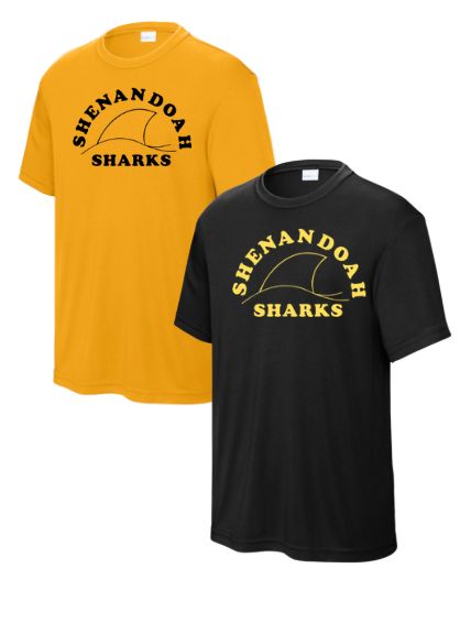 Shenandoah Sharks Mens Moisture Wick Tee - Black or Gold - Adult - TEAM Logo