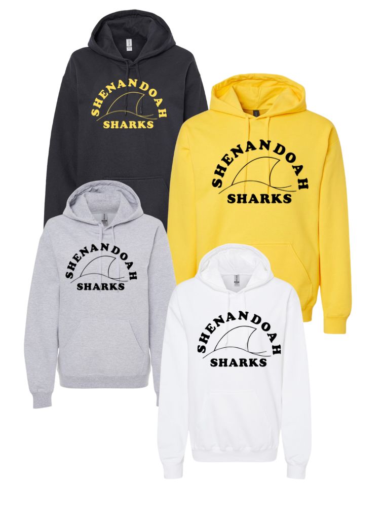 ​Shenandoah Sharks  Team Hoodie Sweatshirt - White, Black, Yellow or Sport Grey - Youth and Adult Sizing - TEAM Logo