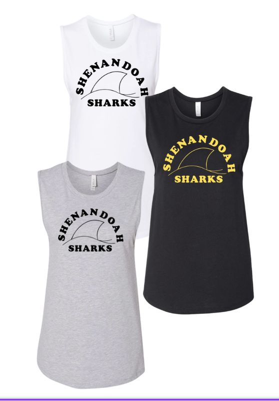 Shenandoah Sharks Ladies Muscle Tank Top - White, Black or Athletic Heather - Adult - TEAM Logo