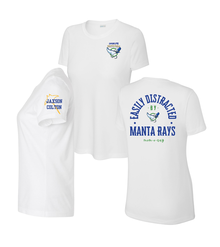 Harpers Mill Manta Rays Ladies Moisture Wick Tee - White - Mom-O-Ray - Optional Personalization