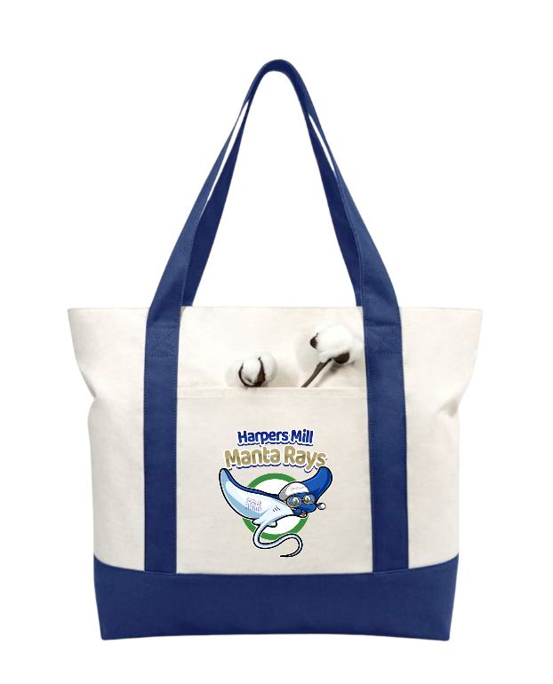 Harper's Mill Manta Rays Custom Canvas Tote Bag - Navy/Natural - LARGE with ZIPPER - 2 Design Options