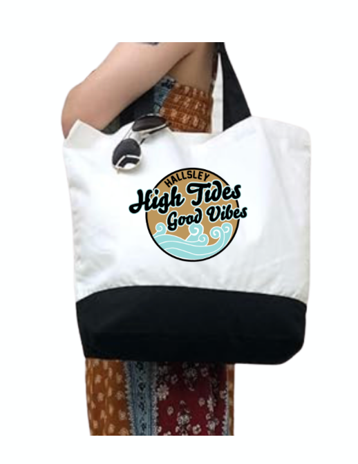 Hallsley High Tides Canvas Tote Bag - White & Black - Team Logo or Good Vibes