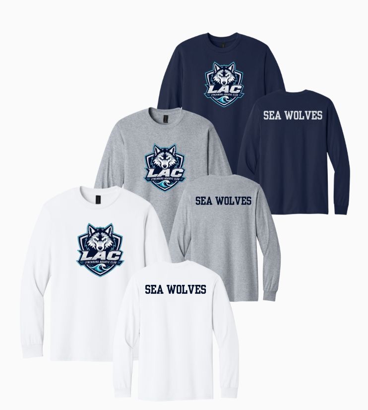 LAC Lynchburg Aquatic Club Team LONG Sleeve T-Shirt - Navy, White or Grey - Youth & Adult Sizes LAC Lynchburg Aquatic Club Team LONG Sleeve T-Shirt - Navy, White or Grey - Youth & Adult Sizes