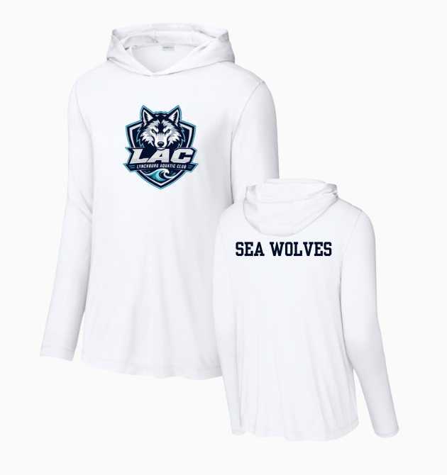 LAC Lynchburg Aquatic Club UV PRO Long Sleeve Hoodie Tee - White, Navy or Aqua - Adult Sizing Only