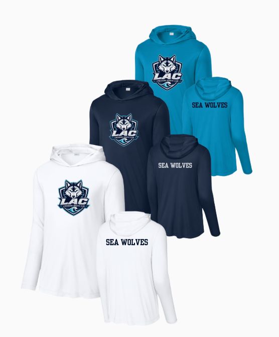 LAC Lynchburg Aquatic Club UV PRO Long Sleeve Hoodie Tee - White, Navy or Aqua - Adult Sizing Only LAC Lynchburg Aquatic Club UV PRO Long Sleeve Hoodie Tee - White, Navy or Aqua - Adult Sizing Only