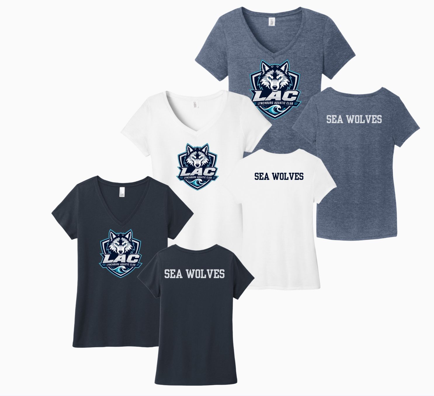LAC Lynchburg Aquatic Club Ladies V-NECK T-Shirt - White, Navy or Navy Frost - Adult Ladies LAC Lynchburg Aquatic Club Ladies V-NECK T-Shirt - White, Navy or Navy Frost - Adult Ladies