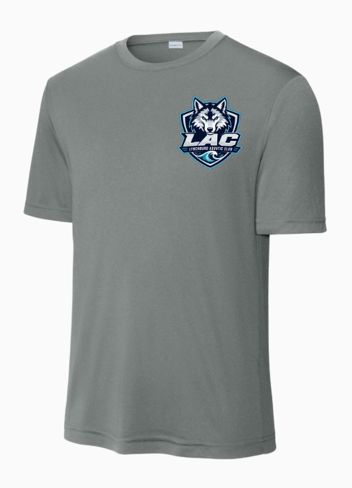 LAC Lynchburg Aquatic Club Mens Moisture Wick Tee - White, Navy, Aqua or Grey Concrete - Adult MENS