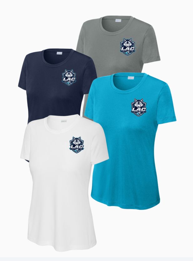 LAC Lynchburg Aquatic Club Ladies Moisture Wick Tee - White, Navy, Aqua or Grey Concrete - Adult LADIES LAC Lynchburg Aquatic Club Ladies Moisture Wick Tee - White, Navy, Aqua or Grey Concrete - Adult LADIES