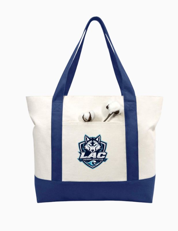 LAC Lynchburg Aquatic Club Custom Canvas Tote Bag - Navy/Natural - LARGE with ZIPPER - Embroidered Logo LAC Lynchburg Aquatic Club Custom Canvas Tote Bag - Navy/Natural - LARGE with ZIPPER - Embroidered Logo