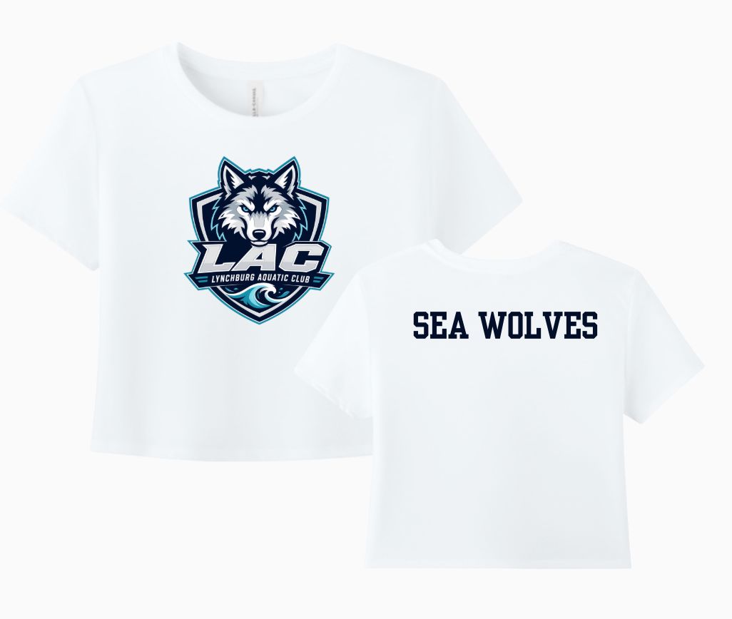 LAC Lynchburg Aquatic Club Ladies Team CROPPED T-Shirt - White - Adult Ladies LAC Lynchburg Aquatic Club Ladies Team CROPPED T-Shirt - White - Adult Ladies