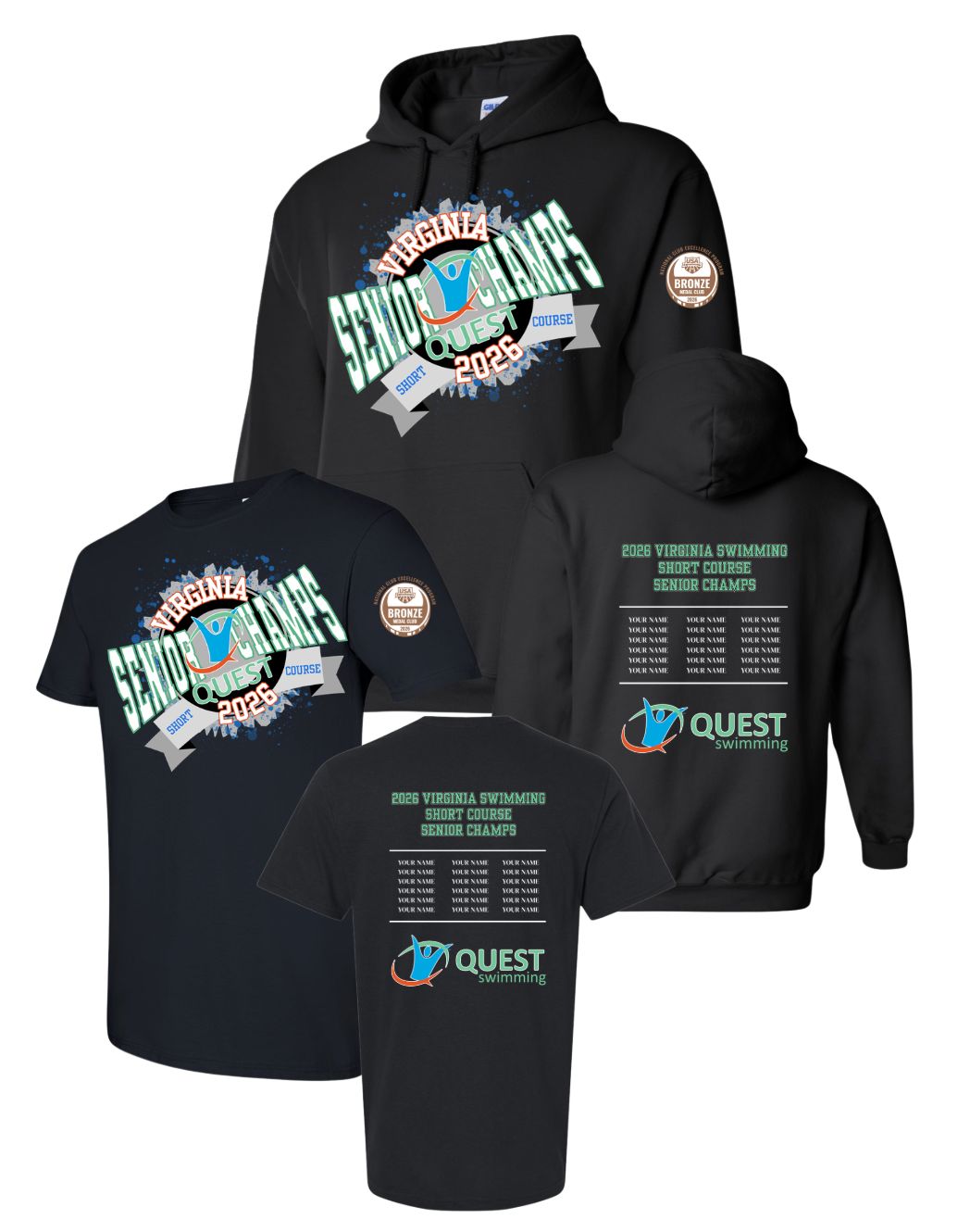 Quest Swimming Custom 2026 SENIOR CHAMPS T-Shirt or Hoodie - Black - Youth & Adult Sizes - SWIMMERS NAMES ON BACK Quest Swimming Custom 2026 SENIOR CHAMPS T-Shirt or Hoodie - Black - Youth & Adult Sizes - SWIMMERS NAMES ON BACK