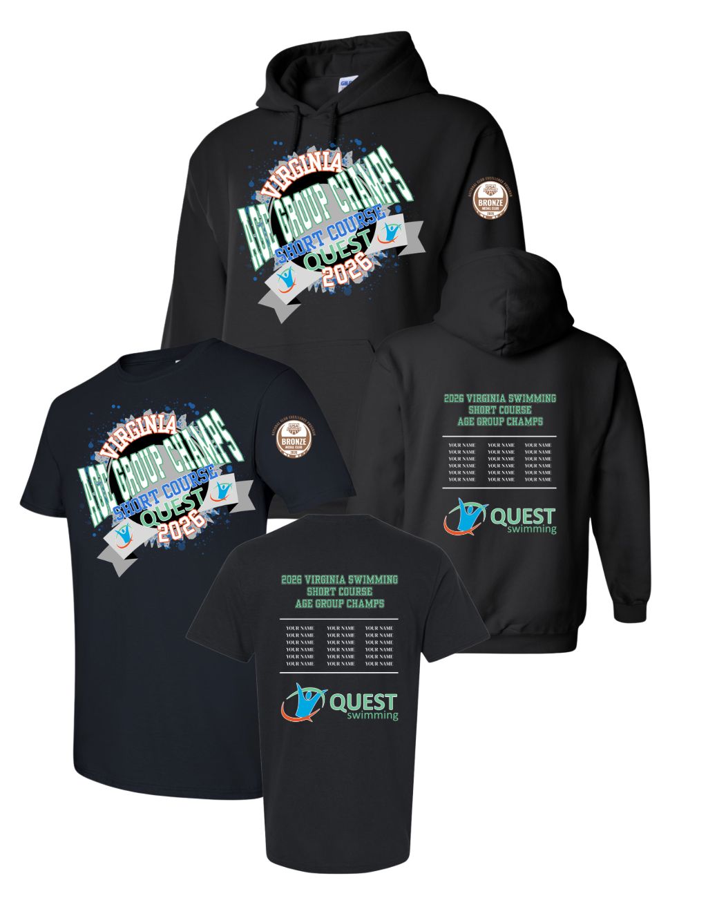 Quest Swimming Custom 2026 AGE GROUP CHAMPS T-Shirt or Hoodie - Black - Youth & Adult Sizes - SWIMMERS NAMES ON BACK Quest Swimming Custom 2026 AGE GROUP CHAMPS T-Shirt or Hoodie - Black - Youth & Adult Sizes - SWIMMERS NAMES ON BACK