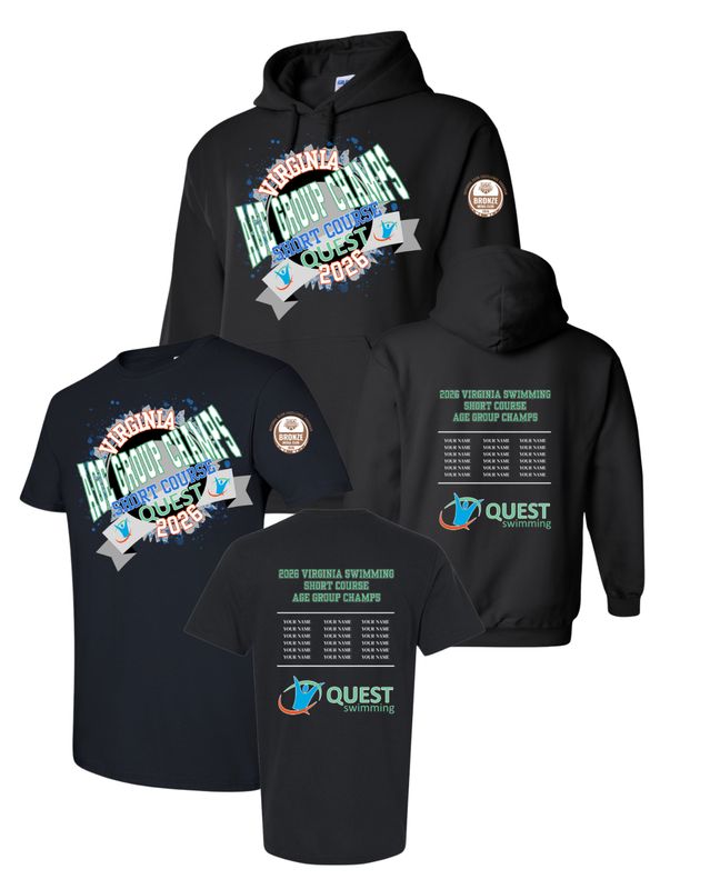 ​Quest Swimming Custom 2026 AGE GROUP CHAMPS T-Shirt or Hoodie - Black - Youth & Adult Sizes - SWIMMERS NAMES ON BACK ​Quest Swimming Custom 2026 AGE GROUP CHAMPS T-Shirt or Hoodie - Black - Youth & Adult Sizes - SWIMMERS NAMES ON BACK