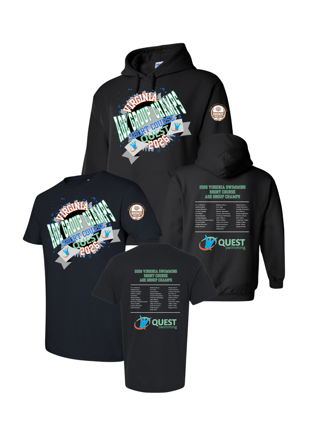 ​Quest Swimming Custom 2026 AGE GROUP CHAMPS T-Shirt or Hoodie - Black - Youth & Adult Sizes - SWIMMERS NAMES ON BACK