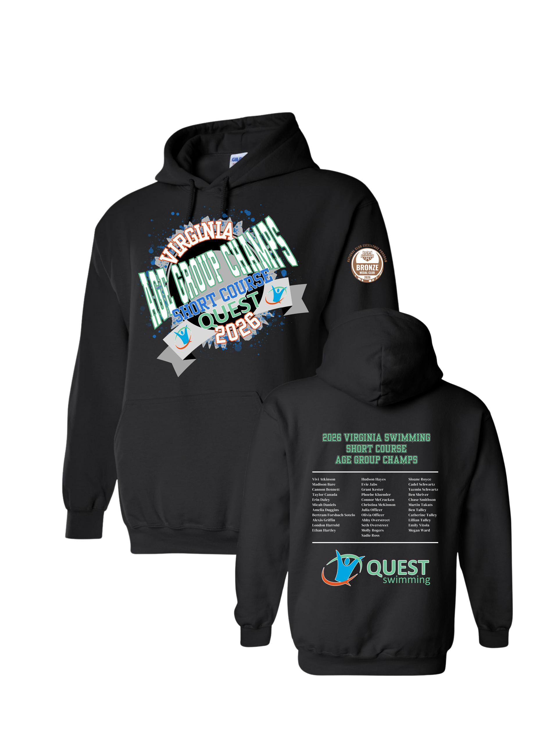 ​Quest Swimming Custom 2026 AGE GROUP CHAMPS T-Shirt or Hoodie - Black - Youth & Adult Sizes - SWIMMERS NAMES ON BACK