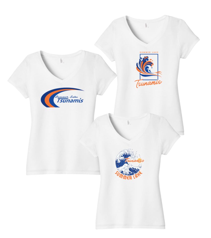 Summer Lake Tsunamis Ladies V-Neck Tee - White - 3 Design Options Summer Lake Tsunamis Ladies V-Neck Tee - White - 3 Design Options