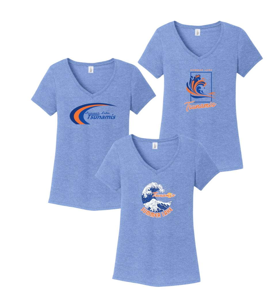Summer Lake Tsunamis Ladies V-Neck Tee - Maritime Frost - 3 Design Options Summer Lake Tsunamis Ladies V-Neck Tee - Maritime Frost - 3 Design Options