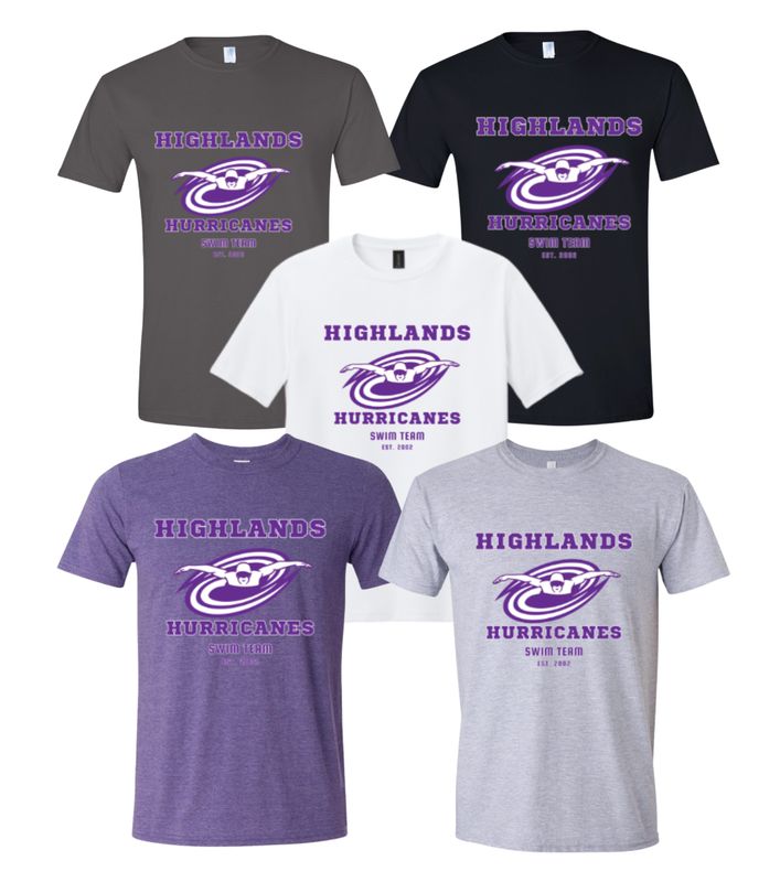 The Highlands Hurricanes Team T-Shirt - Heather Purple, Sport Grey, Charcoal, Black or White
