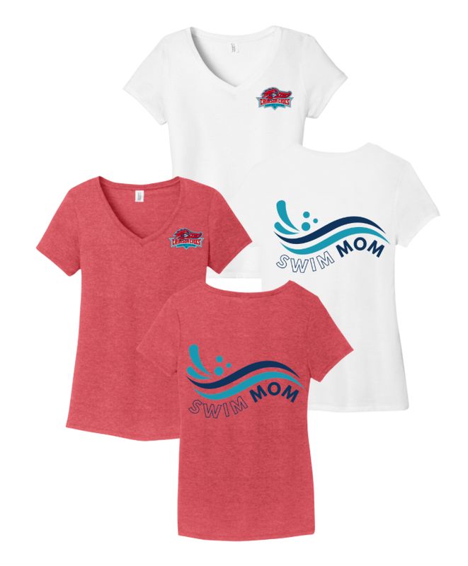 Charter Colony Crimson Crocs  Ladies V-Neck Tee - Red Frost or White - SWIM MOM - Adult