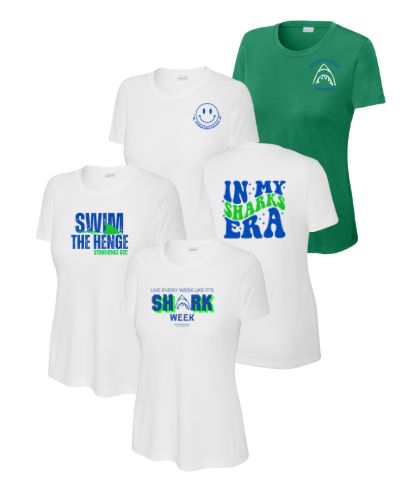 Stonehenge Sharks Custom Team LADIES Moisture Wick Tee - Kelly Green or White - 3 Designs - Adult