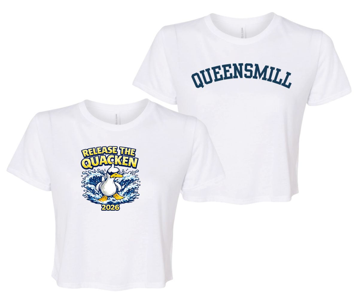 Queensmill Quackers Ladies Flowy Crop Tee - White - 2 Design Options - Adult