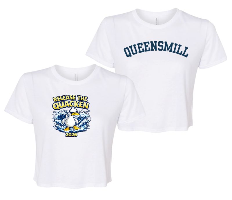 Queensmill Quackers Ladies Flowy Crop Tee - White - 2 Design Options - Adult
