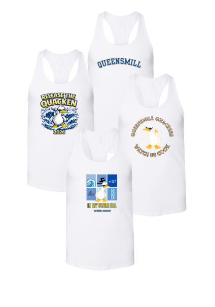 Queensmill Quackers LADIES & GIRLS Flowy Racerback Tank - White - 4 Design Options - Adult & Youth Sizes