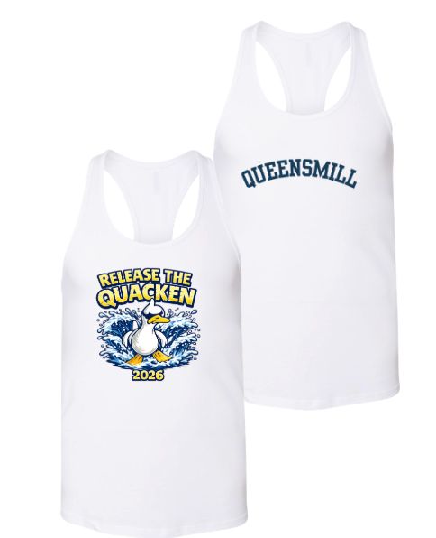 Queensmill Quackers LADIES & GIRLS Flowy Racerback Tank - White - 2 Design Options - Adult & Youth Sizes