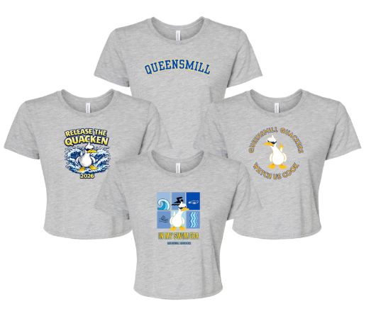 Queensmill Quackers Ladies Flowy Crop Tee - Athletic Heather - 4 Design Options Queensmill Quackers Ladies Flowy Crop Tee - Athletic Heather - 4 Design Options