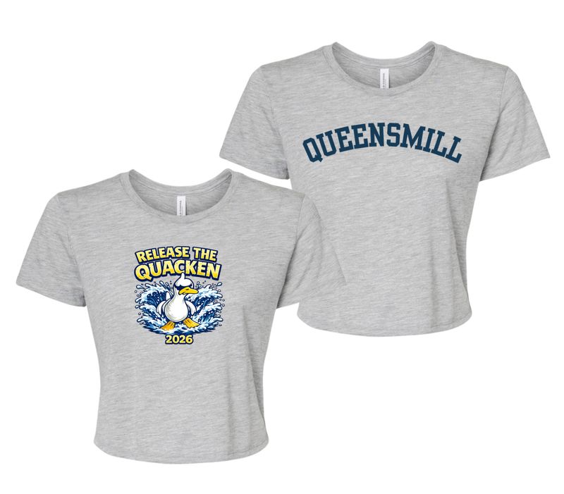Queensmill Quackers Ladies Flowy Crop Tee - Athletic Heather - 2 Design Options - Adult