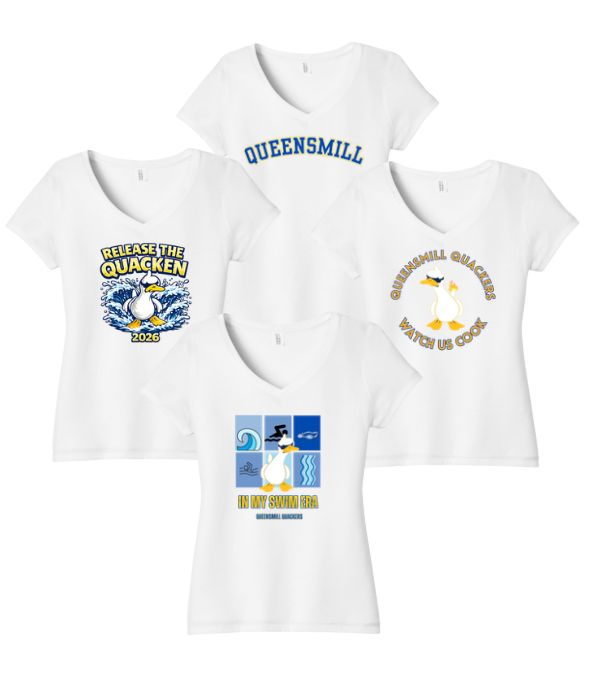 Queensmill Quackers Ladies V-Neck Tee -White - 4 Design Options - Adult