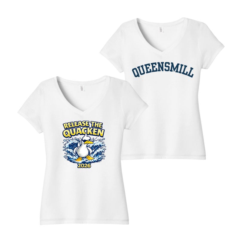 Queensmill Quackers Ladies V-Neck Tee -White - 2 Design Options - Adult