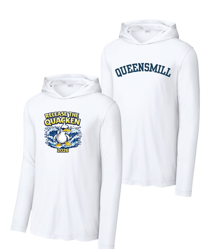​Queensmill Quackers UV Pro Long Sleeve Hoodie Tee - White - 2 Design Options - Adult