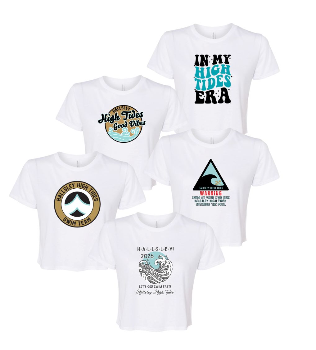 Hallsley High Tides Team Ladies Flowy Crop Tee - White - 5 Design Options - Adult
