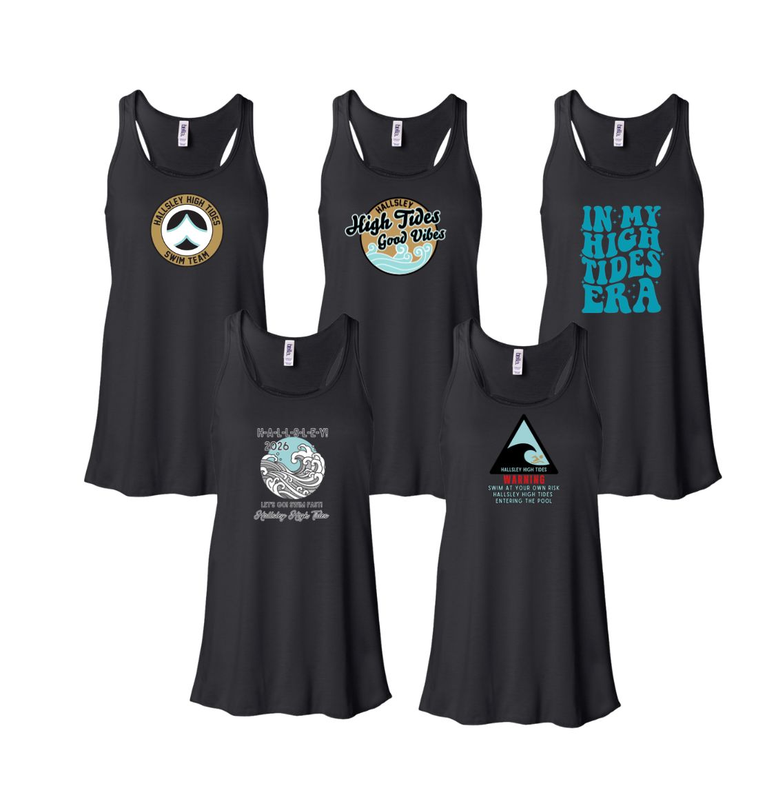 ​Hallsley High Tides Team Ladies Flowy Racerback Tank   - Black - 5 Design Options - Adult Sizing