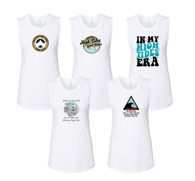 Hallsley High Tides Team Ladies Muscle Tank Top - White - 5 Design Options - Adult Hallsley High Tides Team Ladies Muscle Tank Top - White - 5 Design Options - Adult