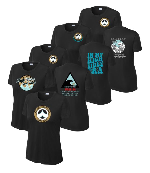 Hallsley High Tides Team LADIES Moisture Wick Tee - Black - 5 Design Options - Adult