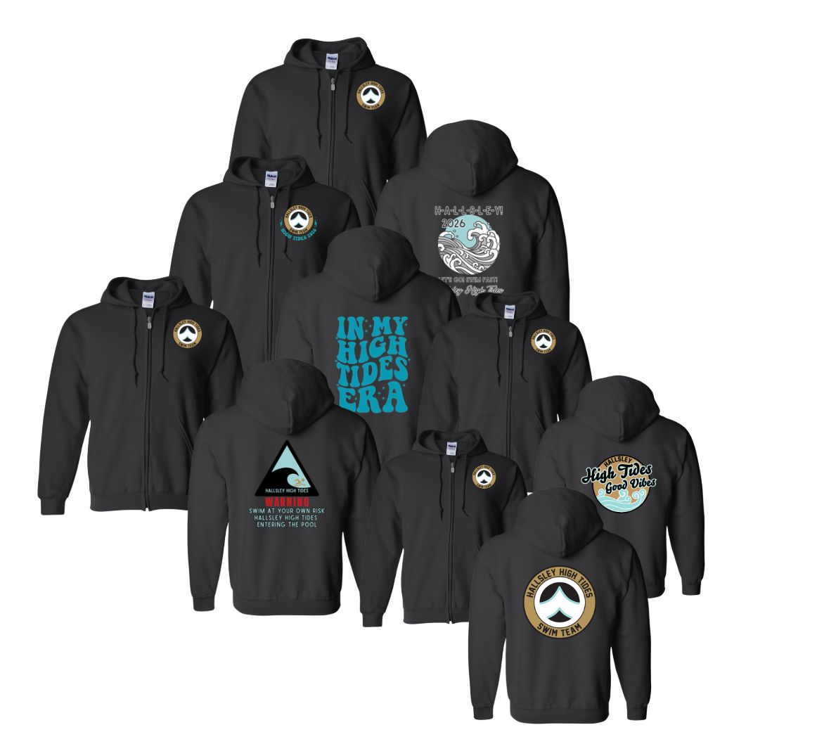 Hallsley High Tides Custom Team YOUTH & ADULT ZIP UP Hoodie Sweatshirt - BLACK - 5 Design Options - YOUTH & ADULT Sizes