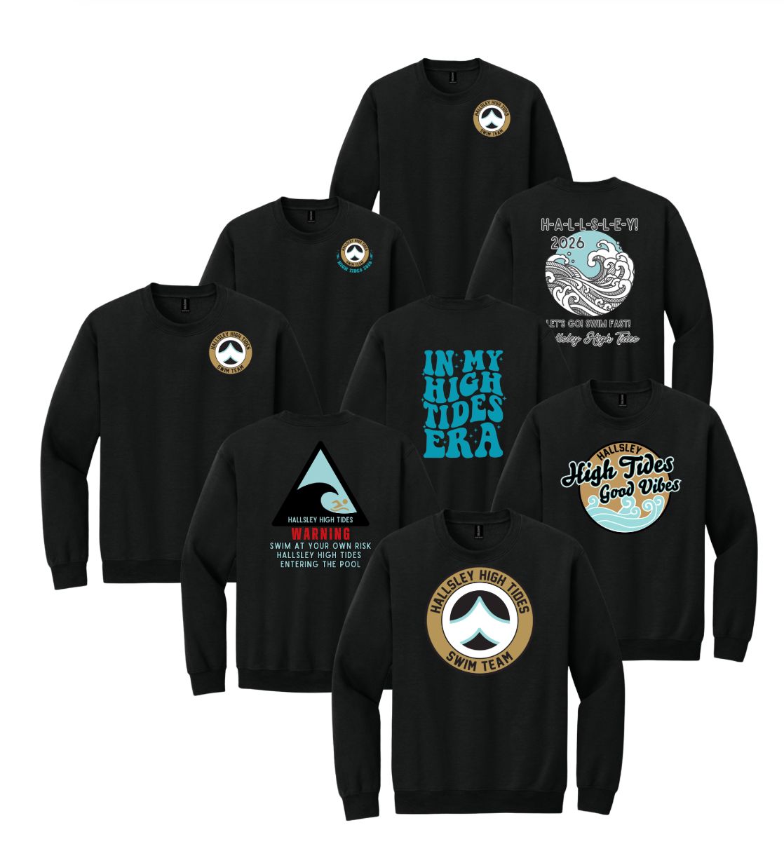 Hallsley High Tides Crew Sweatshirt -  Black - 5 Design Options - Youth & Adult Sizes
