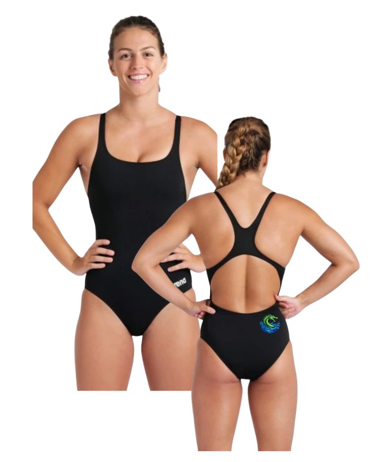 Magnolia Green Sea Dragons  Arena Solid Black Thick Strap Suit with Logo - Pro Back